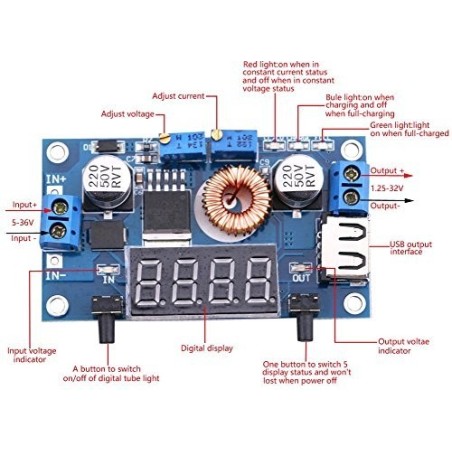 ماژول dc-dc کاهنده 5 آمپر با قابلیت کنترل جریان ولتاژ خروجی و همراه با نشانگر و کیس محافظ