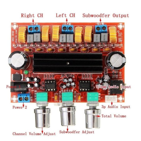 ماژول آمپلی فایر حرفه ای XH-M139 با چیپ TPA3116D2 استریو 50*2 همراه با ساب ووفر 100 وات